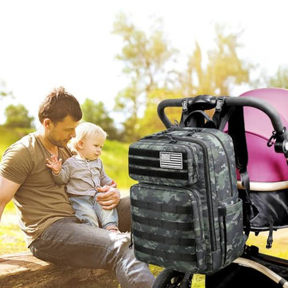LORADI Large Dad Diaper Bag Backpack, Tactical Style, Camouflage | Stroller Clips, Luggage Sleeve for Travel, Insulated Pockets - color: Camo Black