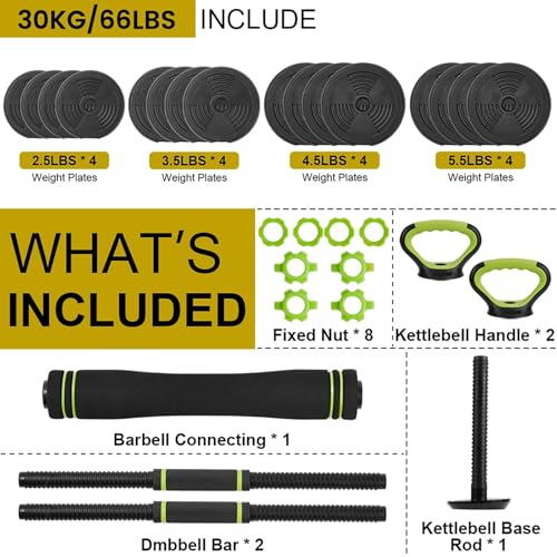 44/66/88 Lbs Adjustable Dumbbell Set, 4-in-1 Free Weights Set with Connector, Fitness Exercise Equipment Used As Barbell, Kettlebells, Push Up Stand, Weights Set for Home Gym Suitable Men/Women - color: 66 lbs green