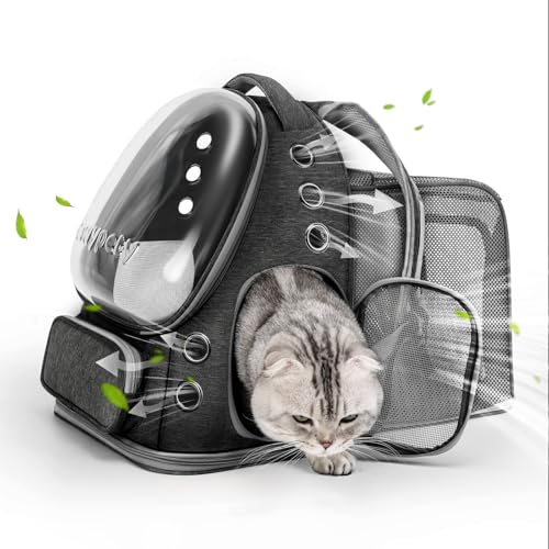 Cawypety Expandable Cat Backpack,Cat Bubble Backpack Carrier for Carrying Cats, Pets and Small Dogs,Airline-Approved,Designed for Travel, Hiking, Walking,Car （Black - color: Square Expandable- Black