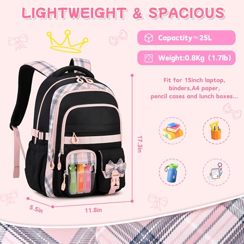 Girls Backpack, 17-Inch Bookbag for Middle & Elementary School, Kawaii Kids Backpack for Girls Ages 6-12(Black Pink) - color: Black Pink