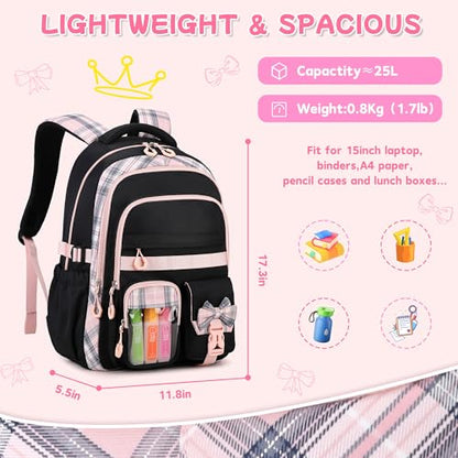 Girls Backpack, 17-Inch Bookbag for Middle & Elementary School, Kawaii Kids Backpack for Girls Ages 6-12(Black Pink) - color: Black Pink