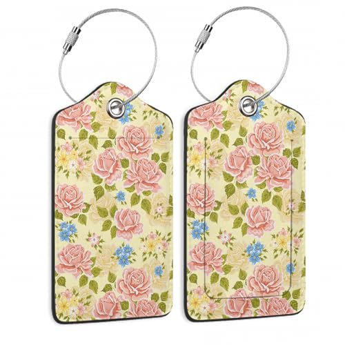 Pink Rose Luggage Tag,Flowers Retro Luggage Tags of Set 2 Leather Identifiers Privacy Cover with Stainless Steel Loop for Women Men Travel Bag Suitcase - color: Pink Rose Flowers Retro