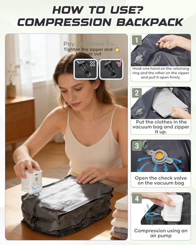 Travel Backpack for Women Men, Flight Approved Carry On Backpack with Compression Vacuum Storage Bags, 18x14x8 inches Personal Item Travel Bag with Pump Olive Green - color: Olive Green