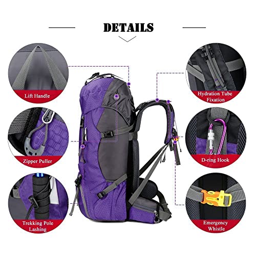 Bseash 60L Waterproof Hiking Camping Backpack with Rain Cover, Large Outdoor Sport Travel Daypack Rucksack for Climbing - color: Purple