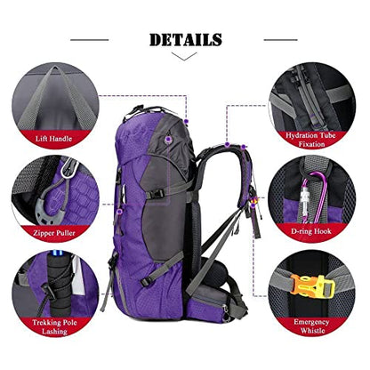 Bseash 60L Waterproof Hiking Camping Backpack with Rain Cover, Large Outdoor Sport Travel Daypack Rucksack for Climbing - color: Purple