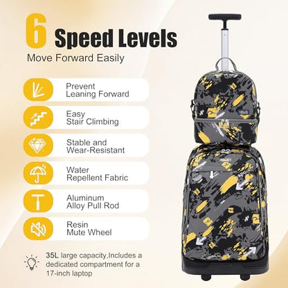 NEW TILAMI 19 Inch Rolling Backpack with Lunch Bag for Girls Boys Wheeled Laptop Backpack Durable Carry-on Bag School Travel, Doodle Yellow - color: Yellow Doodle