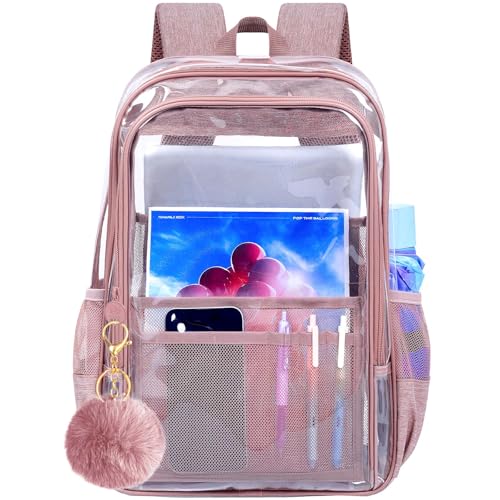 gxtvo Clear Backpack, Heavy Duty Transparent Bookbag, See Through Backpacks for Women Men | Heavy Duty - color: Chic Deep Pink Clear Backpack