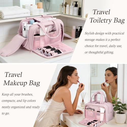 Travel Toiletry Bag, Large Wide-open Puffy Makeup Bag for Women Light Pink - color: Light Pink