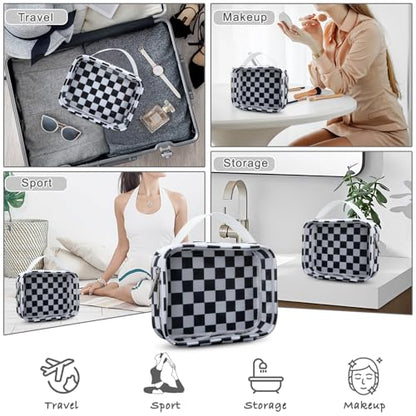 Travel Toiletry Bag Clear Makeup Bags Portable Compact Cosmetic Pouch Makeup Organizer for Women, Skincare Bag with Handle(Black White Checkerboard)