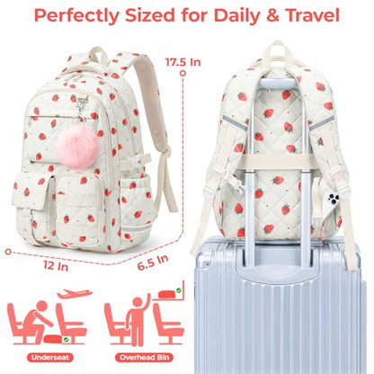Quilted Backpack for Teen Girls, Cute Strawberry School Backpack with Multi-Pocket Design, Lightweight Cotton Bookbag Fits 15.6" Laptop, Large Capacity Aesthetic Backpack with Plush Charm - color: Strawberry
