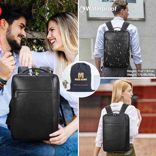 Masa Kawa Slim Genuine Leather Business Backpack 15.6" Laptop Bag for Men Women Office Work Travel Small Thin Computer Casual Daypack, Black