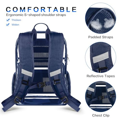 Clear Backpack, Heavy Duty Transparent Backpack with Reinforced Bottom See Through Bag for College, Travel, Workplace Security - Navy - color: Navy