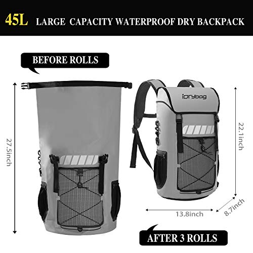 IDRYBAG Waterproof Backpack for Men 25L/45L, Dry Bags Kayak, Dry Backpack Camping Hiking - color: Gray, size: 45L