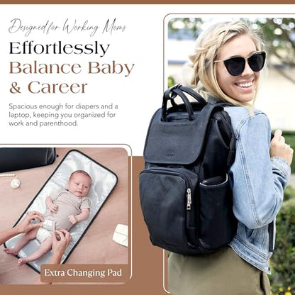 Citi Collective Explorer Black Diaper Bag Backpack - Vegan Leather Diaper Bag with Shoulder Strap, Insulated Bottle Pockets, Changing Pad, Stroller Clip- Versatile Diaper Bag for Baby - color: Black