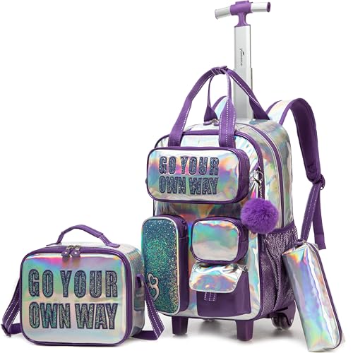 Kids Rolling Backpack with Wheels for Elementary Students Kids Travel Luggage Carry on School Backpack for Girls Ages 6-8 - color: A Purple