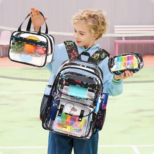 ACESAK Clear Backpack for Boys - 3 Pcs Clear Backpack Heavy Duty with Lunch Bag - See Through Bookbag Stadium Approved for Kids 3+ Age Middle High College School Sport Travel (Game) - color: Game