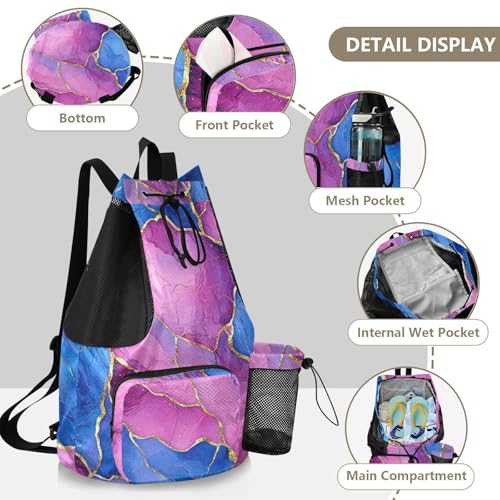 Mens Drawstring Bags Camp Bag With Water Bottle Pocket Cinch Sack Waterproof Marble Royal Blue Hot Pink - color: Color 10