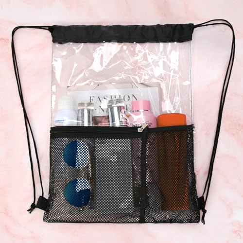 NATURAL STYLE 2 PACK Clear Drawstring Bag Stadium Approved, See Through Transparent PVC Drawstring Backpack, Clear Bag for for Concert Sport Festival Travel Work (Black)
