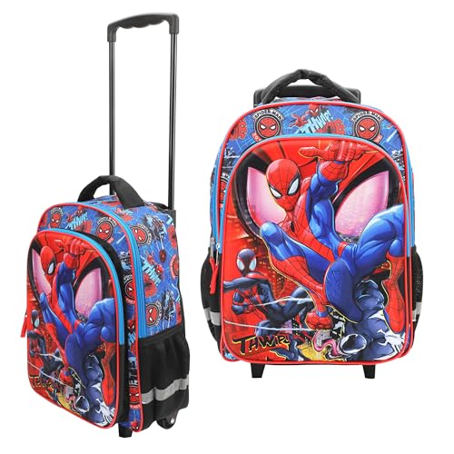 Bioworld Spider-Man Peter & Miles 16" Rolling Travel Backpack - color: Red, Blue & Black