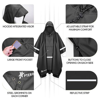 PTEROMY 3-in-1 Hooded Rain Poncho for Adult with Pocket, Waterproof Lightweight Unisex Raincoat for Hiking Camping Emergency - color: Black W/ Reflective Stripe