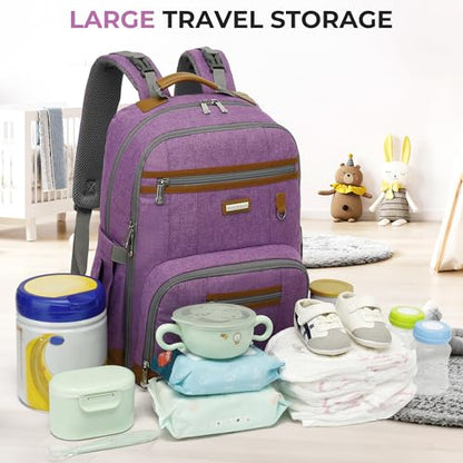 Diaper Bag Backpack, Large Baby Nappy Bags with Portable Changing Pad for Boys and GirlsMultifunction Travel Baby Bag for Moms Dads, Shower Gifts Waterproof and Stylish，Purple - color: Purple 1