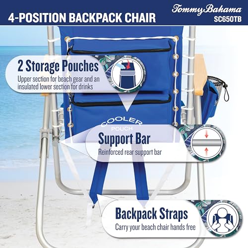 Tommy Bahama Hi-Boy 17" Seat Height 4-Position Lace-Up Suspension Folding Beach Backpack Chair - color: Logo Stripe, style: 1-Pack