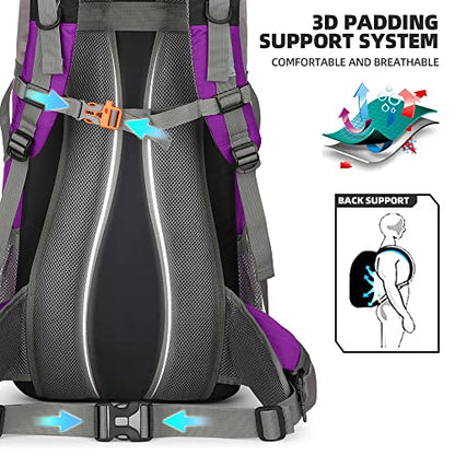 King'sGuard 70L Hiking Backpack with Rain Cover Lightweight Waterproof Travel Camping Backpack Large Backpacking Pack - color: Purple