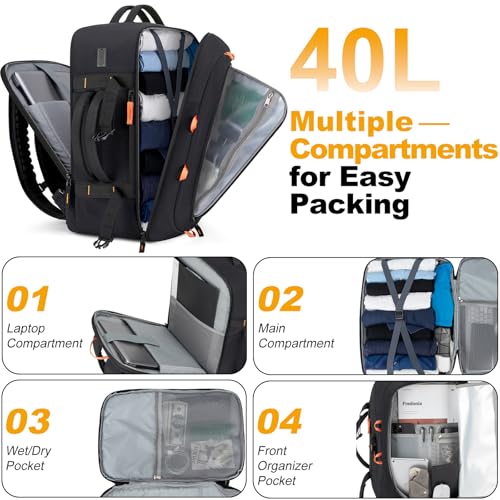 40L Travel Backpack,TSA Approved Carry On Backpack,Business Work Bag with Wet/Dry Compartment, Fits 17.3" Laptop, Duffel Bag for Men Women(Black) - color: Black