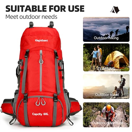 King'sGuard 60L waterproof lightweight hiking backpack with rain cover and shoe compartment outdoor sports travel backpack (Red) - color: Red