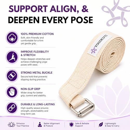 Yogikuti Premium Cotton Yoga Strap | Adjustable Yoga Belt for Stretching, Flexibility, Balance & Alignment | Yoga Accessories for Beginners, Pilates, Meditation, Exercise, Fitness & Physical Therapy - size: 9ft(3mtr)