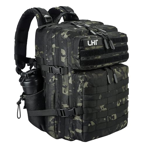 LHI Military Tactical Backpack for Men and Women 45L Army 3 Days Assault Pack Bag Large Rucksack with Molle System - Black CP - color: 1.9 Black Cp