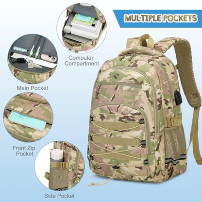 ACESAK Camo Backpack for Boys, Tactical Kids Backpack Boys, School Bags for Boy Children Teens Kids Elementary Middle High School, Military Bookbag and Lunch Bag Pencil Case Set with USB Charging Port - color: Khaki Camo