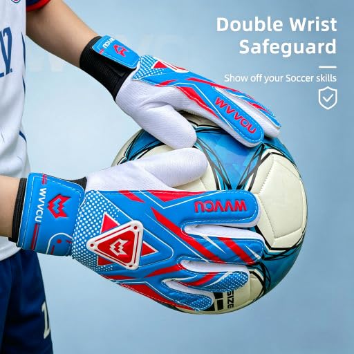 WVVOU Goalkeeper Gloves for Kids Youth, Soccer Goalie Gloves with Double Protection, Anti-Slip Soccer Gloves, Super Grip - color: Blue, size: 4