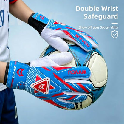 WVVOU Goalkeeper Gloves for Kids Youth, Soccer Goalie Gloves with Double Protection, Anti-Slip Soccer Gloves, Super Grip - color: Blue, size: 7