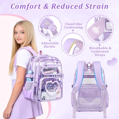 Clear Backpack for School Girls, Cute Heavy Duty PVC Transparent Bookbag, See-Through Bag for Stadium Event Purple - color: Purple