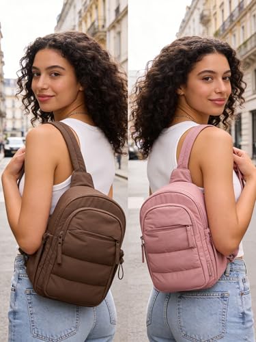 BAGSMART Small Sling Bag for Women, Puffer Crossbody Bag Purses Hobo Handbag Fanny Packs for Travel Hiking - color: Burgundy Bay