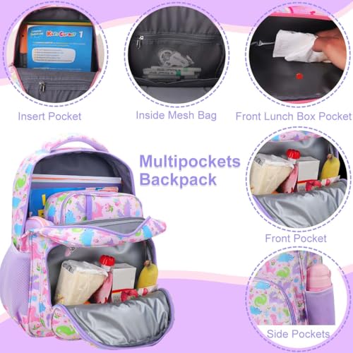 RHCPFOVR Kids Backpack for Girls - Girls Backpack 3-8 Ages Dinosaur for Kids 15 Inch School Bookbag for Kindergarten Elementary School Bookbag for Girl 1st 2nd Grade - style: Purple Dinosaur