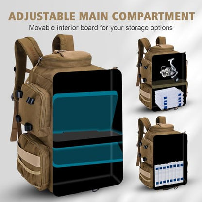 Goture Fishing Backpack,900D Water-Resistant Tackle Backpack with Rod Holders,45L Large Fishing Bag Storage Gear Tackle Bag with Rain Cover,Bottle Holder for Travel Camping Hiking(Without Tackle Box) - color: 45L Khaki with Bottle Holder