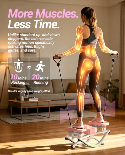 Rock Stepper Side to Side Exercise Machine, Rocking Stepper for Home Gym with LCD Display & Resistance Bands, Low-Impact Step Rocker Workout Equipment Supports 330 lbs - color: Pink