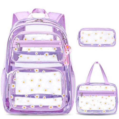 ACESAK Clear Backpack for Girls - 3 Pcs Clear Backpack Heavy Duty with Lunch Bag - See Through Bookbag Stadium Approved for Kids Middle High College School Sport Travel (Purple Daisy) - color: Purple Daisy