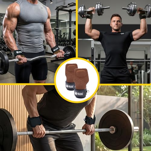 Weight Lifting Straps with D Rings, Leather Palm Grip Wrist Cuffs, 7mm Neoprene Wrist Support for Cable Machines & lifting Training