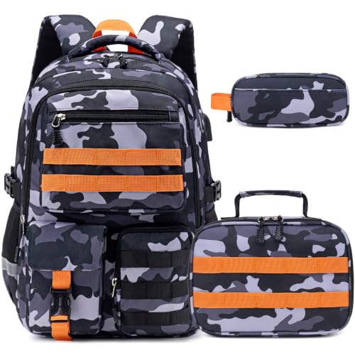 DIGOBAY Camo Backpack for Boys, Tactical Boys Backpack for School, Kids Backpack With Lunch Box Pencil Case USB Charging Port Military Army Book Bags for Boy Teens Kids Elementary Middle High School - color: Grey Camo With Orange Accents
