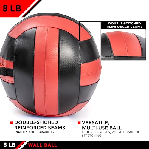 JFit Wall Ball – Premium Soft Weighted Exercise Ball for Strength, Conditioning, Gym & Home Workouts, 4-30 LB - color: Red/Black, style: 8 LB
