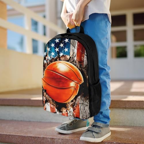 Basketball American Flag Backpack, Durable Polyester Daypack with Laptop Compartment, Reinforced Bottom, Adjustable Shoulder Straps And Multi Pockets for Travel And Daily Use - color: Basketball American Flag