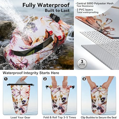 MARCHWAY Floating Waterproof Dry Bag Backpack 5L/10L/20L/30L/40L, Roll Top Sack Keeps Gear Dry for Kayaking, Rafting, Boating, Swimming, Camping, Hiking, Beach, Fishing - color: Flower, size: 5L