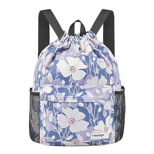 Drawstring Backpack Sports Gym Sackpack with Mesh Pockets String Cinch Beach Bag for Men Women(Blue Flower) - color: Blue Flower