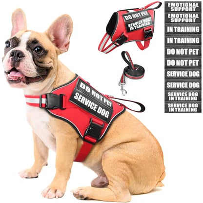 Service Dog Vest Harness and Leash Set+10 Patches,No Pull&Adjustable Reflective Dog Harness with Soft Padded Handle for Training/Everyday,Fit Small/Medium/Large/Extra-Large Dogs(Red M) - color: Red, size: Medium