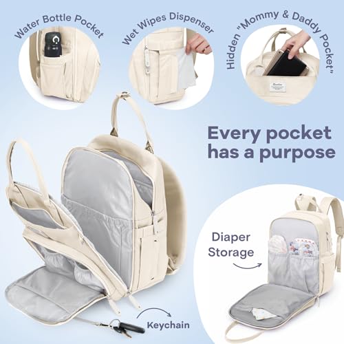 RUVALINO Diaper Bag Backpack-Multifunction Baby Travel Bag with Changing pad, Insulated Bottle Holders & Pacifier Case, Large Capacity, Waterproof, Beige - color: Beige