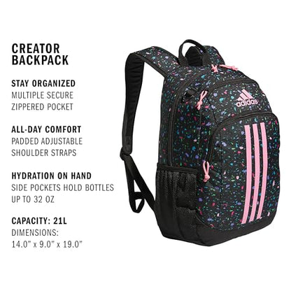 adidas Creator School Backpack for Girls & Boys — Durable Bookbag - color: Speckle Black/Bliss Pink/Black