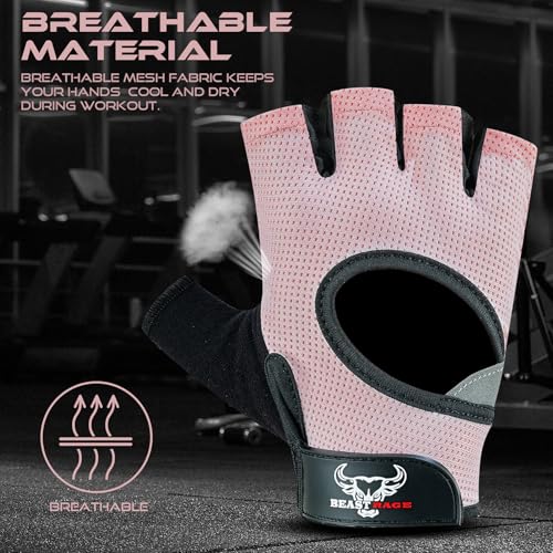 BEAST RAGE Fingerless Weight Lifting Gloves with Palm Protection Padding, Breathable Lightweight Gym Gloves for Men, Women, Weightlifting, Cycling, Exercise, Training Pull Up - color: Pink, size: Large